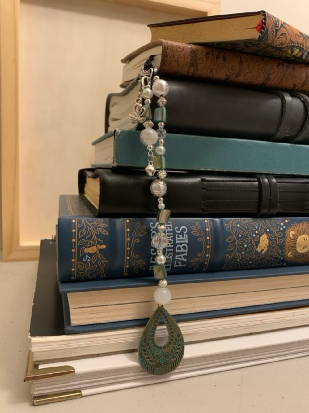Wearable Bookmark with Teardrop Pendant and Beaded Accents - Teal & Silver
